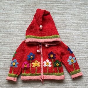 E.C.C Handmade Wool Elfin Hooded Knit Sweater Zip Front Jacket Floral Red Size 2